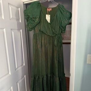 NWT JessaKae Metallic Forest Green Wrap Dress